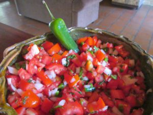 Karen's homemade salsa using the abundance of fresh vegetables for sale in the local mercado.