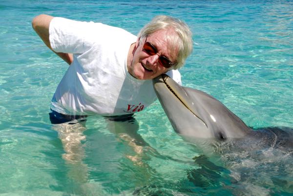 Meeting a fan on Roatan Island, Honduras.