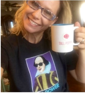 Tina doesn’t wait for inspiration to write, but her “will power” t-shirt and Tall Poppy Writer mug help get her going.
