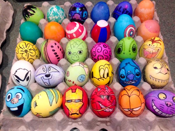 The kind of Easter Eggs you find at Easter, not they type in movies. This is what happens when the Creative Tuft Kids show up at my house—but in this case they take after their dad, not me.